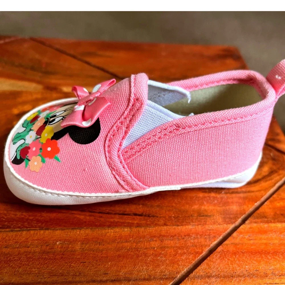 Disney Baby Minnie Mouse Pink Floral Bow Slip On Crib Shoes 9-12M